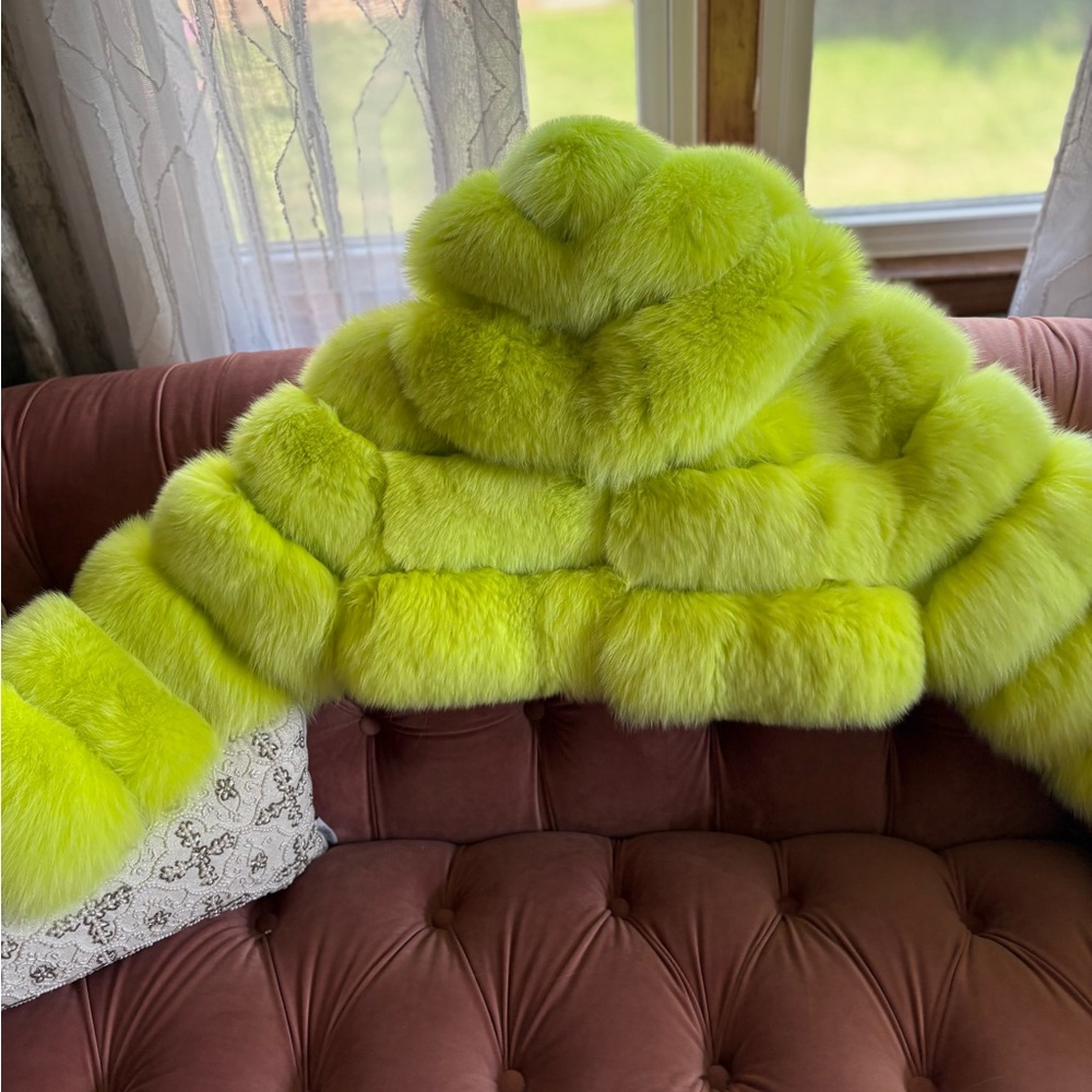 Vibrant Lime Green Cropped Fox fur blend Jacket Size Small